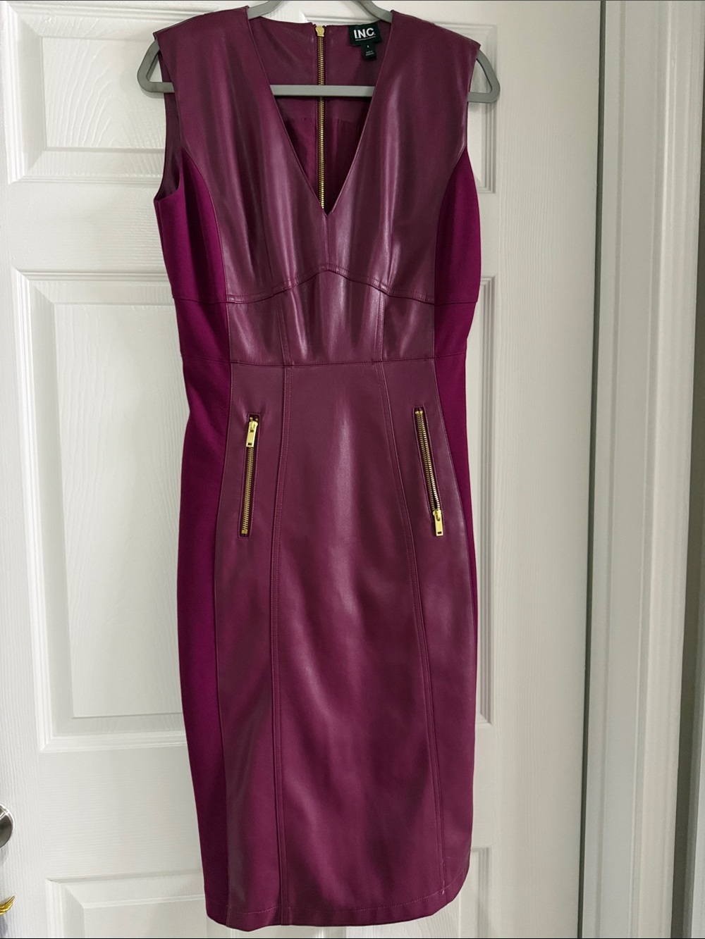 INC International Concepts Plum Faux-Leather Sheath Dress with Gold Zippers